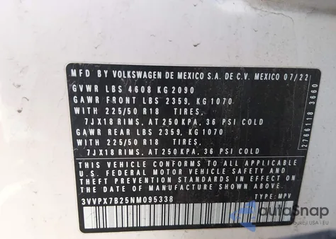 2022 Volkswagen Taos 1.5T Se z USA, uszkodzony, nr VIN 3VVPX7B25NM095338